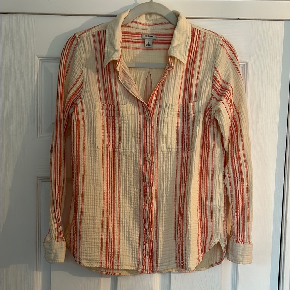 L.L. Bean Women's cloud Gauze Striped Cream and Coral Top